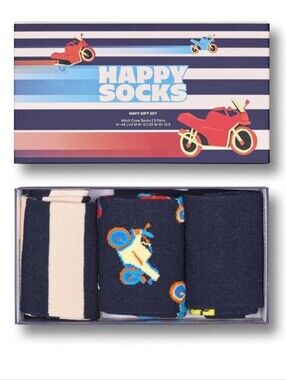 Happy Socks Navy Gift Set 3-Pack Adult Crew Socks Motorcycle Print Size 41-46